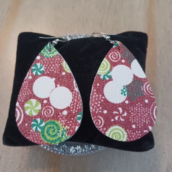 Burgundy Leather Teardrop Holiday Candy Ornaments Dangle Drop Earrings - Picture 3 of 5